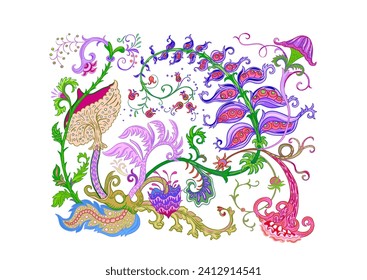 Fantasy, alien hypnotic flowers, decorative flowers and leaves. Cartoon style. Millefleurs trendy floral design. Clip art, set of elements for design Outline hand drawing vector illustration.