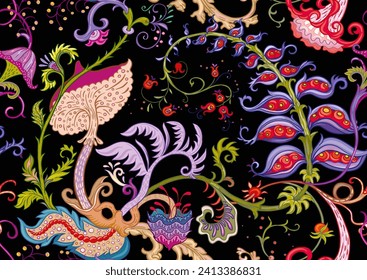 Fantasy, alien hypnotic flowers, decorative flowers and leaves. Cartoon style. Millefleurs trendy floral design. Seamless pattern, background. Outline hand drawing vector illustration.
