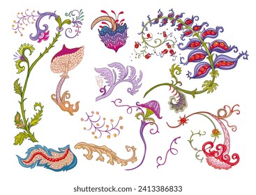 Fantasy, alien hypnotic flowers, decorative flowers and leaves. Cartoon style. Millefleurs trendy floral design. Clip art, set of elements for design Outline hand drawing vector illustration.