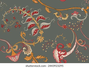 Fantasy, alien hypnotic flowers, decorative flowers and leaves. Cartoon style. Millefleurs trendy floral design. Seamless pattern, background. Outline hand drawing vector illustration.