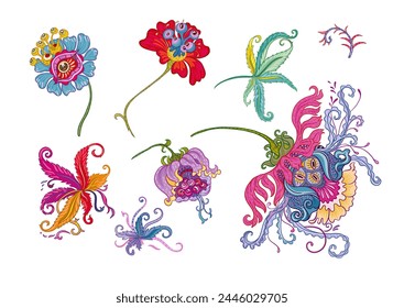 Fantasy, alien hypnotic flowers, decorative flowers and leaves. Cartoon style. Millefleurs trendy floral design. Clip art, set of elements for design Outline hand drawing vector illustration.
