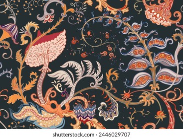 Fantasy, alien hypnotic flowers, decorative flowers and leaves. Cartoon style. Millefleurs trendy floral design. Seamless pattern, background. Outline hand drawing vector illustration.