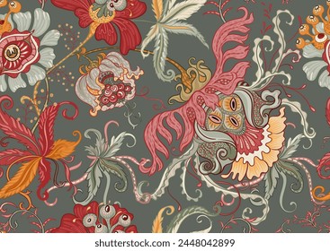 Fantasy, alien hypnotic flowers, decorative flowers and leaves. Cartoon style. Millefleurs trendy floral design. Seamless pattern, background. Outline hand drawing vector illustration.