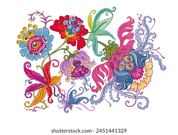 Fantasy, alien hypnotic flowers, decorative flowers and leaves. Cartoon style. Millefleurs trendy floral design. Clip art, set of elements for design Outline hand drawing vector illustration.