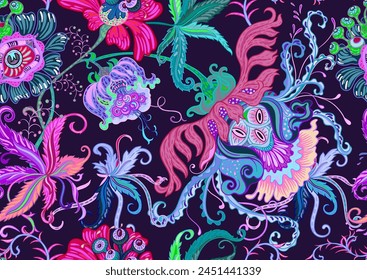 Fantasy, alien hypnotic flowers, decorative flowers and leaves. Cartoon style. Millefleurs trendy floral design. Seamless pattern, background. Outline hand drawing vector illustration.