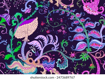 Fantasy, alien hypnotic flowers, decorative flowers and leaves. Cartoon style. Millefleurs trendy floral design. Seamless pattern, background. Outline hand drawing vector illustration.