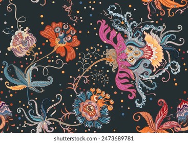 Fantasy, alien hypnotic flowers, decorative flowers and leaves. Cartoon style. Millefleurs trendy floral design. Seamless pattern, background. Outline hand drawing vector illustration.