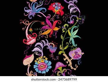 Fantasy, alien hypnotic flowers, decorative flowers and leaves. Cartoon style. Millefleurs trendy floral design. Seamless pattern, background. Outline hand drawing vector illustration.