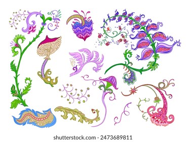 Fantasy, alien hypnotic flowers, decorative flowers and leaves. Cartoon style. Millefleurs trendy floral design. Clip art, set of elements for design Outline hand drawing vector illustration.