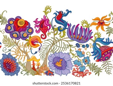 Fantasia, flores hipnóticas alienígenas, flores decorativas e folhas. Estilo de desenho animado. Millefleurs design floral moderno. Padrão perfeito, plano de fundo. Ilustração vetorial de desenho à mão do contorno.