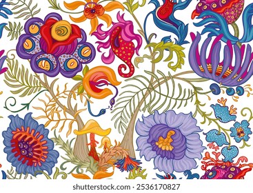 Fantasia, flores hipnóticas alienígenas, flores decorativas e folhas. Estilo de desenho animado. Millefleurs design floral moderno. Padrão perfeito, plano de fundo. Ilustração vetorial de desenho à mão do contorno.