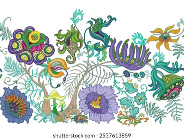 Fantasia, flores hipnóticas alienígenas, flores decorativas e folhas. Estilo de desenho animado. Millefleurs design floral moderno. Padrão perfeito, plano de fundo. Ilustração vetorial de desenho à mão do contorno.