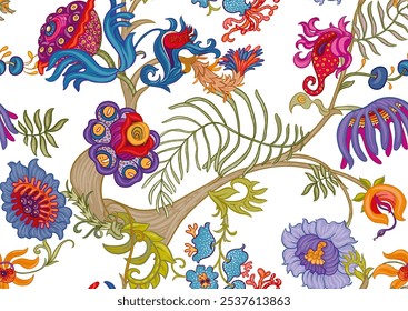 Fantasia, flores hipnóticas alienígenas, flores decorativas e folhas. Estilo de desenho animado. Millefleurs design floral moderno. Padrão perfeito, plano de fundo. Ilustração vetorial de desenho à mão do contorno.