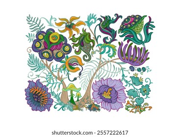 Fantasy, alien hypnotic flowers, decorative flowers and leaves. Cartoon style. Millefleurs trendy floral design. Clip art, set of elements for design Outline hand drawing vector illustration.