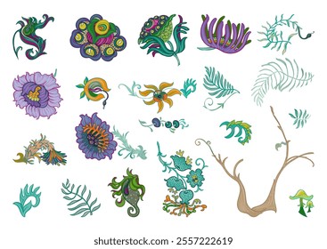 Fantasy, alien hypnotic flowers, decorative flowers and leaves. Cartoon style. Millefleurs trendy floral design. Clip art, set of elements for design Outline hand drawing vector illustration.