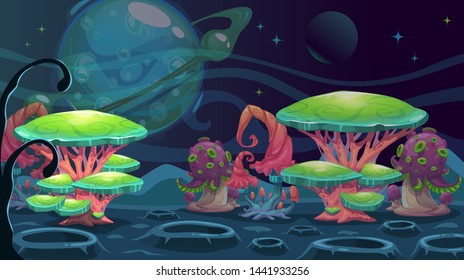 Fantasy alien landscape. Another world concept background. Vector illustration.