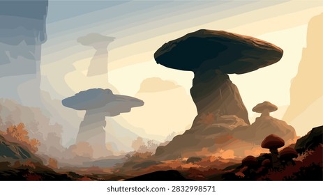 Fantasy Alien Landscape with Giant Mushroom Rock Formations at Sunset