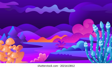 Fantasy alien landscape of unusual plants and mushrooms.