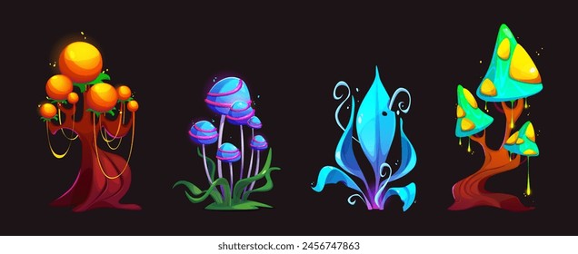 Fantasy alien mushroom. Magic plant cartoon forest set. Fairy tale nature clipart. Fantastic flower and fungus design for wonderland landscape. Psychedelic flora for unusual colorful planet for game