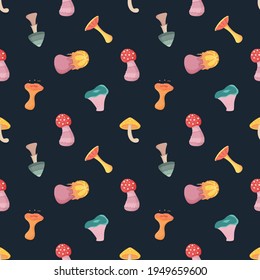 Fantasy alien mushroom seamless pattern on dark green background.