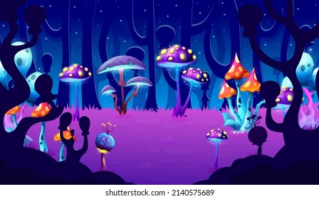 Fantasy alien mushrooms in forest, game level landscape or scene location. Fairy cartoon luminous mushrooms and neon sparkling toadstools on alien planet forest vector background for game