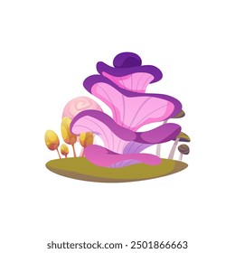 Fantasy alien mushrooms group vector illustration. Cartoon magic unusual fungi with many hats. Fairy nature fungus gui design element, fantastic game plant on the lawn isolated