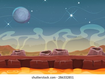 Fantasy Alien Planet Desert Landscape For Ui Game/
Illustration of a seamless cartoon sci-fi alien planet landscape background, with parallax layers, volcano crater, magma river and stars for ui game