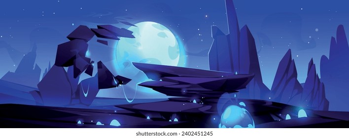 Fantasy-Außerirdische Planetenlandschaft in der Nacht. Vektorgrafik-Illustration von felsigem Terrain mit Steinen, flüssiger Substanz in Kratern, Neonblond am Horizont, Sternenhimmel, Hintergrund des Weltraumabenteuerspiels