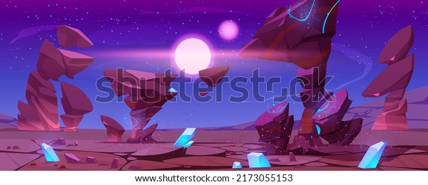 Fantasy alien planet landscape, space game\
background with dessert cracked ground surface with blue cristals\
and red rock, flying stone and cosmic dust, glowing star in sky\
cartoon vector\
illustration