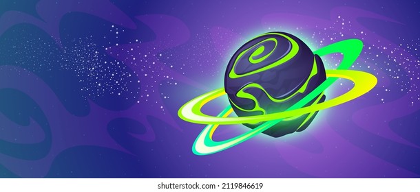 Fantasy Alien Planet With Rings In Outer Space. Vector Cartoon Illustration Of Magic World, Asteroid Or Planet With Spiral Texture Surface On Background Of Cosmos With Stars