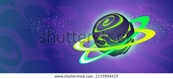 Fantasy alien planet with\
rings in outer space. Vector cartoon illustration of magic world,\
asteroid or planet with spiral texture surface on background of\
cosmos with stars