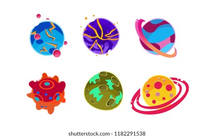 Fantasy alien planets of different colors set, cosmic elements for game design vector Illustration on a white background