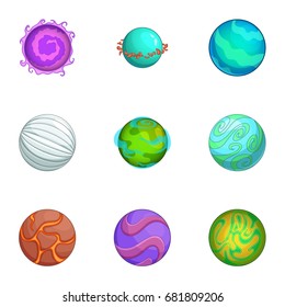 Fantasy alien planets icons set. Cartoon set of 9 fantasy alien planets vector icons for web isolated on white background