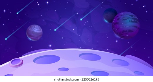 Fantasy alien planets and meteors in outer space. Moon surface landscape with craters, stars, planets, comets and asteroids in dark sky, vector cartoon illustration