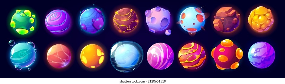 Fantasy Alien Planets For Ui Space Game. Vector Cartoon Icons Set Of Magic Fantastic World, Cosmic Objects Different Colors With Bubbles, Holes And Spirals. Cute Planets And Moons Collection