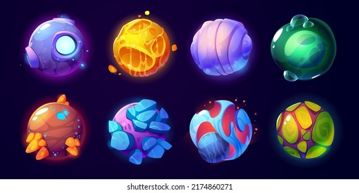 Fantasy alien planets for ui space game. Vector cartoon icons set of magic fantastic world, cosmic objects different colors with bubbles, cracks and rocks. Cute planets and moons collection