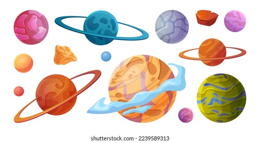 Fantasy alien planets for ui space game. Vector cartoon set of magic fantastic world, cosmic objects different colors with bubbles, cute planets of outer space. Globes with nebula, craters and rocks