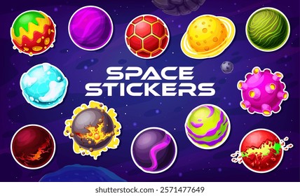 Fantasy alien space planets stickers pack. Fantastic galaxy worlds stickers. Science fiction colorful green, purple and red space alien planets with lava, craters, clouds and ice isolated vector icons