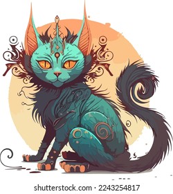 Fantasy Alien theme cat. Isolated on background, vector illustration kitty. Abstract art style alone groovy cat, Magical look cat. Colorfull beautiful cat, for copy space and design assest. for tshirt