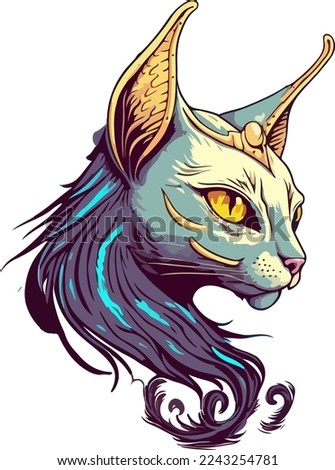 Fantasy Alien theme cat. Isolated on background, vector illustration kitty. Abstract art style alone groovy cat, Magical look cat. Colorfull beautiful cat, for copy space and design assest. for tshirt