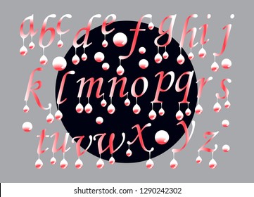 fantasy alphabet with shiny liquid droplets in retro red snow shades