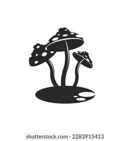 Fantasy amanita mushrooms isolated on white background, composition of three mushrooms, cartoon black and white illustration in negative space minimal style.
