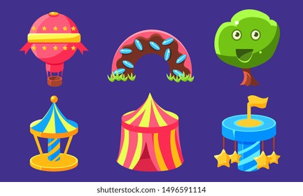 Fantasy Amusement Park Icons Set, Fairytale Landscape Elements for Computer or Mobile Game Interface Vector Illustration