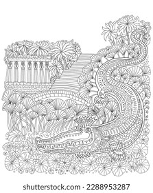 Fantasy ancient Egypt landscape. Nile crocodile, temple, palm tree, papyrus plant, blooming lotus. Coloring book page for children and adults