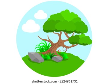 Fantasy Ancient Sacred Green Tree Jungle cartoon isolated circle