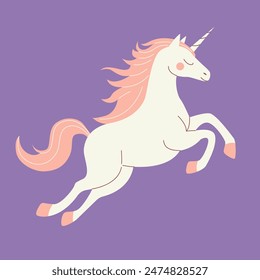 Fantasy animal character. White unicorn with pink hair in jumping. 