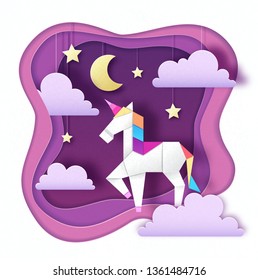 Fantasy animal horse unicorn with clouds. Cut out paper art style design. Origami