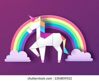 Fantasy animal horse unicorn with rainbow. Cut out paper art style design. Origami