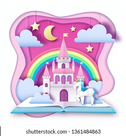 Fantasy animal horse unicorn with rainbow. Cut out paper art style design