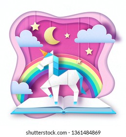 Fantasy animal horse unicorn with rainbow. Cut out paper art style design